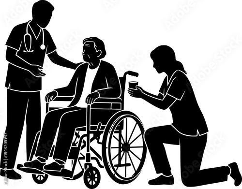 Medical Volunteer Elderly Care Vector - Black White Healthcare Community Service Support Dignity Compassion Helping Illustration on White Background
