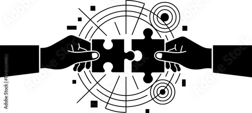 Puzzle Pieces Collaboration Vector - Black White Hands Problem Solving Community Solution Teamwork Connection Geometric Illustration on White Background