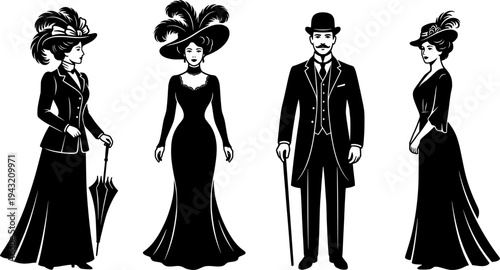Vintage people. Victorian woman or man. 19th century clothing. Lady dress old sketch drawing. Retro fashion style. 1900 France aristocrats. Dandy tuxedo. Vector nobleman characters set