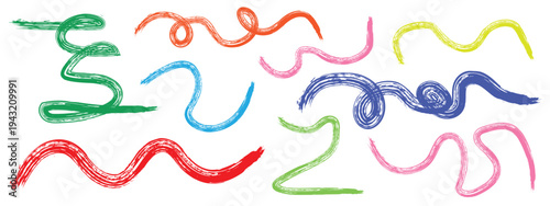  Collection colorful bold curved lines with loops isolated on white. Hand drawn bold grunge wavy and swirled brush strokes. Simple childish vector scribbles and squiggles. Creative trendy style design