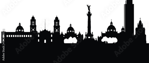 Mexico, city, skyline, silhouette, landmark, vector, cathedral, angel, independence, architecture, travel, tourism, icon, urban, black, panorama, capital, Mexican, heritage, culture.