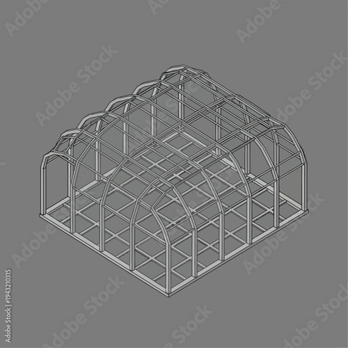 Wireframe Greenhouse Structure with Arched Roof.