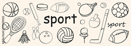 Hand drawn set of various sports equipment elements. Line art sports equipment. Sketch equipment elements set. Vector illustrations