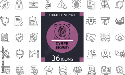 Minimal Cyber Security line icons for data protection, firewall, encryption, privacy, secure network, and digital safety. Perfect for IT services, tech branding, and online security projects