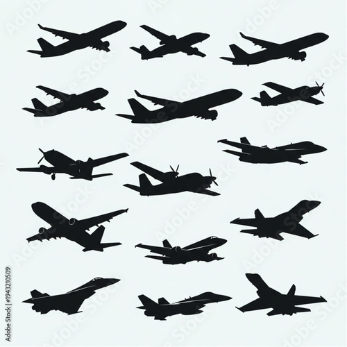 Collection of Various Airplane Silhouettes Flying.