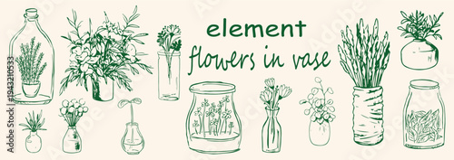 vector various Flowers in vase element set . Hand drawn sketch Flowers in vase set . abstract Flowers in vase elements . Line art set . vector illustration