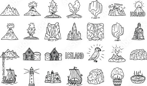 Iceland travel doodle icon set with volcano geyser waterfall puffin and nordic landmarks vector