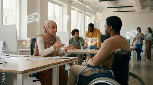 Diverse group of people in office meeting with woman in hijab and man in wheelchair