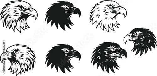 Set of eagle head illustrations in bold graphic style, black and white silhouettes, fierce expressions, patriotic mascot design for logos