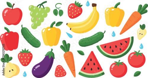 Fresh fruits and vegetables collection with apple banana strawberry carrot tomato cucumber watermelon vector illustration set