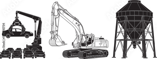 Black silhouette set of industrial scrapyard equipment, car crusher claw grabber, crawler excavator with bucket, cement silo tower, heavy machinery vector collection