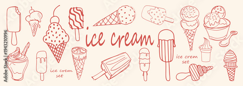 vector set of different ice cream types . line art . ice cream elements set . sketches ice cream art . vector illustration