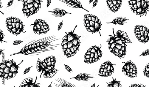 Craft beer seamless pattern with hop barley and malt hand drawn brewery ingredient vector