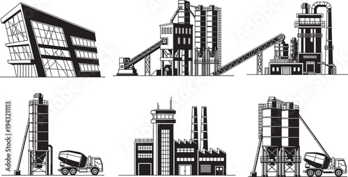 Black and white industrial vector illustration set featuring concrete plants, cement factories, silos, mixer trucks, and modern office building architecture icons.