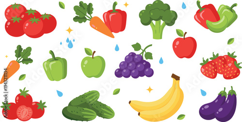 Fresh fruits and vegetables collection with tomato carrot broccoli apple grape banana cucumber strawberry vector illustration set