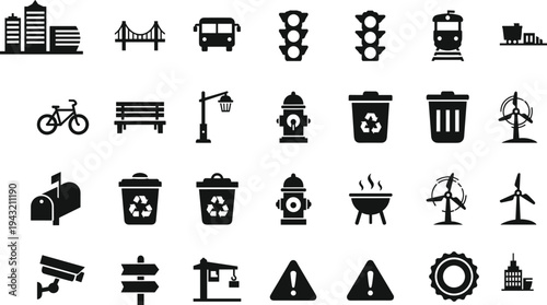 vUrban city infrastructure silhouette icons set featuring buildings, transportation, utilities, public services, warning signs, renewable energy, and municipal elements