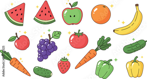 Fresh fruits and vegetables collection with watermelon apple orange banana grape strawberry carrot cucumber pepper vector illustration set