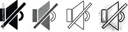Mute speaker icon set in different styles including solid, halftone, outline and sketch vector illustration for sound off media control symbols