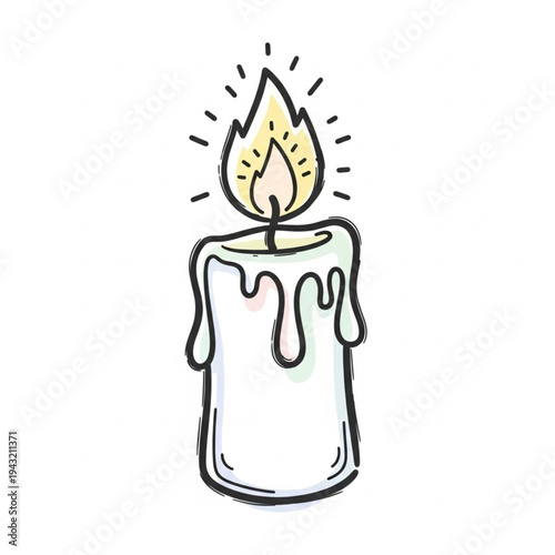 Lit Candle with Melting Wax Illustration.