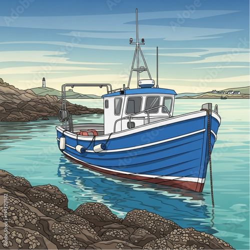 Blue Fishing Boat on Calm Water.