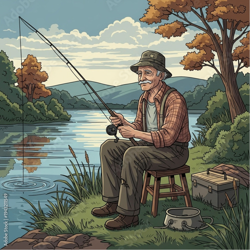 Man Fishing on Stool by Lake.