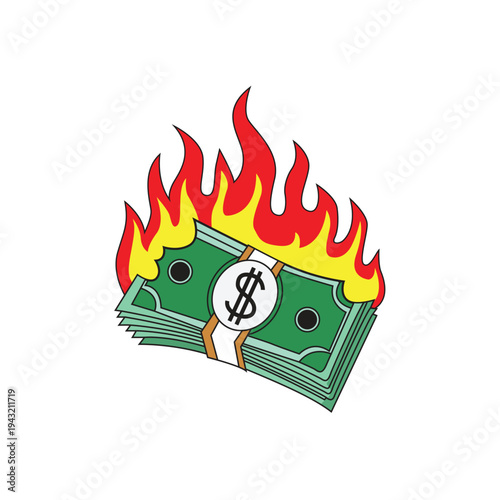 Money goes up in flames  a burning stack of dollar bills symbolizing loss. Suitable for finance, economic, investment concepts.