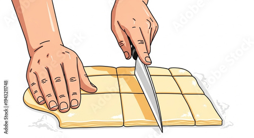 Hands Cutting Pastry with Knife.