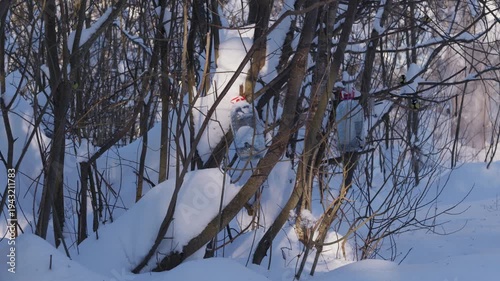 Wallpaper Mural Snowy winter forest with homemade bird feeders placed among thin tree branches. Bright daylight falls on deep snow and quiet woodland, creating a calm natural feeding scene. High quality 4k footage Torontodigital.ca