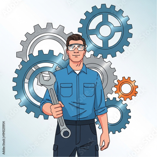 Mechanic with wrench surrounded by gears.