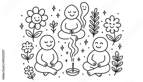 Meditation vector illustration of people sitting in yoga poses with flowers