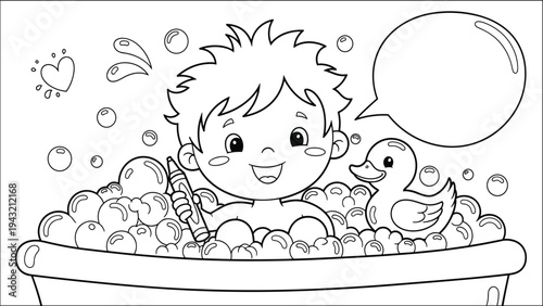 Happy Kid Bathing with Rubber Duck and Bubbles, Coloring Page
