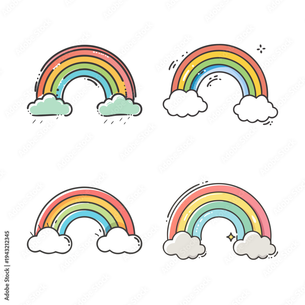 Fototapeta premium Hand-drawn rainbow icons with clouds, pastel colored doodle set, 4 cute vector illustrations