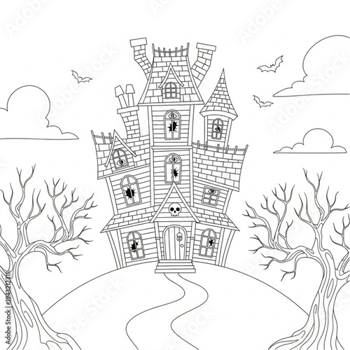 Black and White Castle Illustration with Trees.