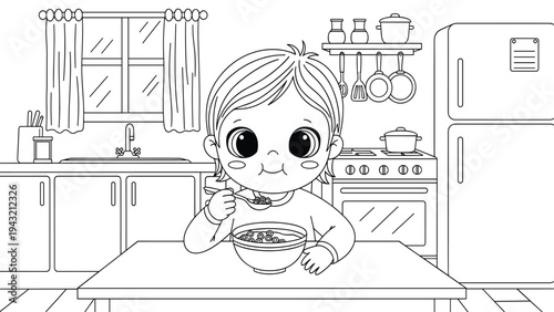 Cute cartoon boy eating breakfast cereal in a kitchen, line art illustration.