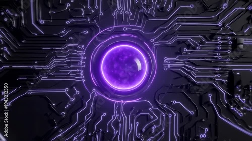 Abstract Glowing Purple Orb on Circuit Board Background, Digital Technology Concept.