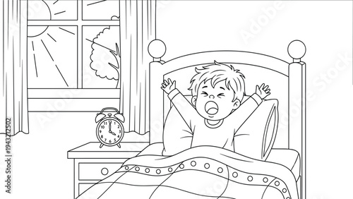 Child waking up in bed, stretching arms, morning sun shining through window