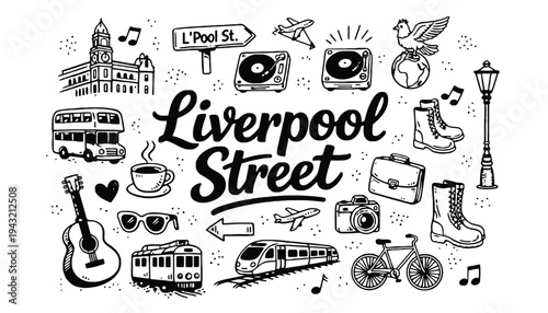 Liverpool Street illustration with various travel and music icons