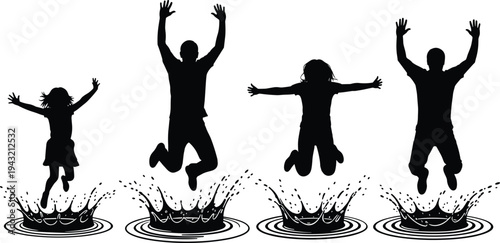 Silhouettes of children jumping into water splashes expressing fun, summer play, freedom and joyful outdoor activity concept