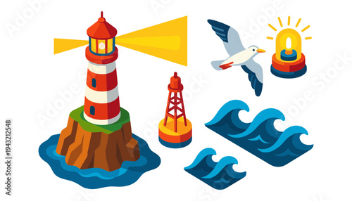 Lighthouse vector illustration set with seagull and ocean waves