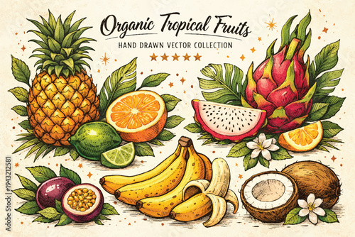 A set of fresh tropical fruits including pineapple, orange, banana, apple, and kiwi isolated on a white background as a healthy vegetarian diet of ripe citrus and sweet vitamin-rich food