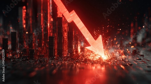 Economic Downfall: A striking visual of a red arrow plunging downwards, symbolizing a financial downturn, juxtaposed with abstract bar graphs, signifying economic decline and market volatility.