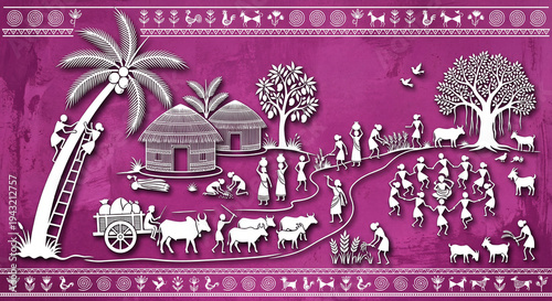 Traditional Indian Warli Folk Art Illustration Depicting Rural Village Life and Dance on Purple Background