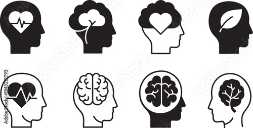 A set of vector line art silhouettes depicting human heads with brains and hearts symbolizing mental health