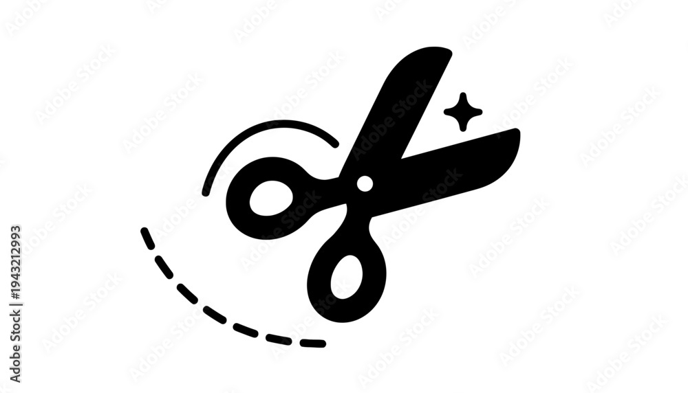 Fototapeta premium Scissors icon cutting through a dotted line with a spark