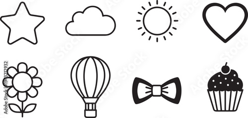 A set of vector line art silhouettes featuring various cute and playful icons for design use