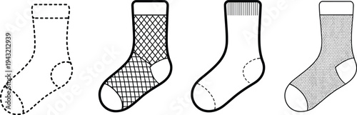 Set of four sock vector illustrations with outline template, stitched guide lines, knit patterns and fabric textures for clothing design