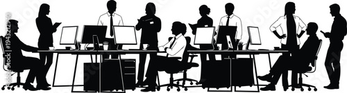 Cad drawing flat vector illustration, busy corporate office with business people silhouettes working at desks and collaborating in professional workspace