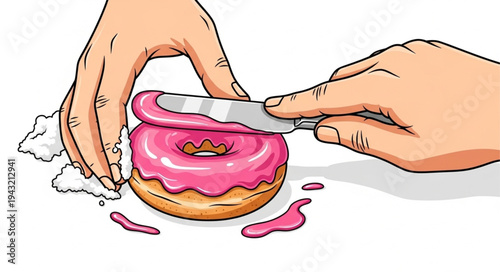 Hand Cutting Pink Frosted Donut with Knife.