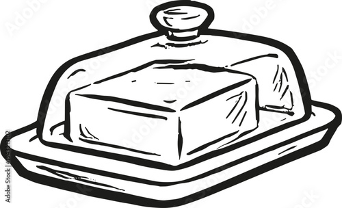 Hand-drawn illustration of a butter dish with a block of butter inside, ready for serving