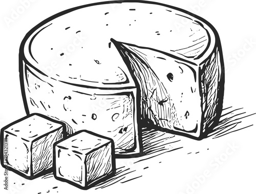 Hand-drawn sketch of a round cheese wheel with a slice cut out and two cubes nearby
